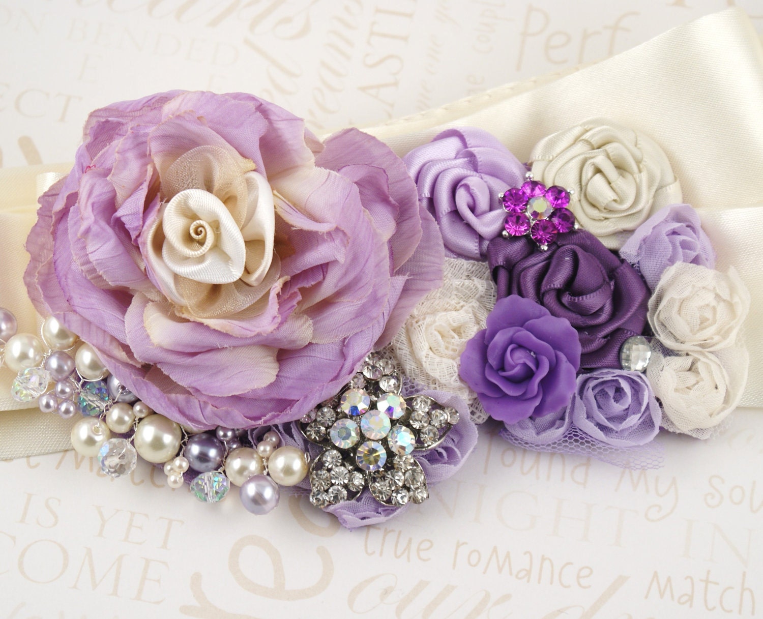 Bridal Sash Purple, Lilac and Cream with Silk and Satin Flowers, Jewels, Pearls, Crystals, Brooches- Margarit - SolBijou Bridal Sash Purple, Lilac and Cream with Silk and Satin Flowers, Jewels, Pearls, Crystals, Brooches- Margarit - SolBijou