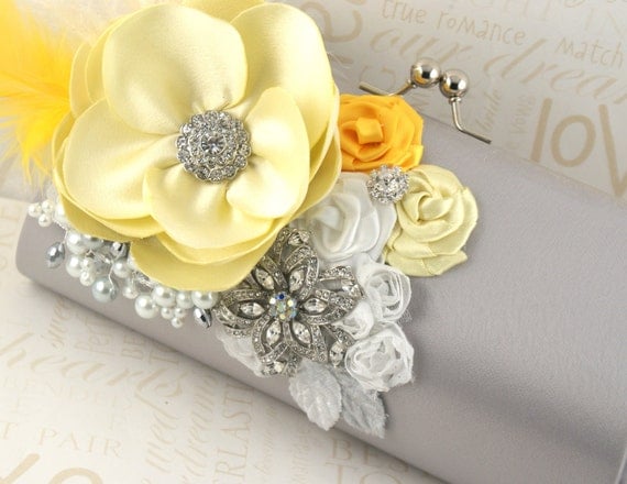 Bridal Clutch- Party Clutch in Silver, White and Yellow with Satin Flowers, Pearls, Brooches and Feathers