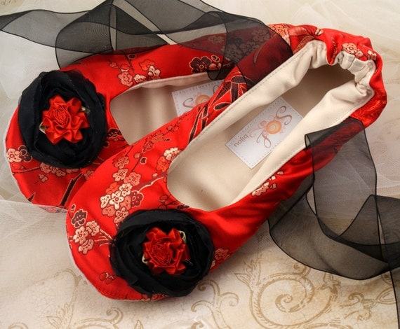 Bridal Flats- Ballet Slippers in Red, Black and Gold with Japanese Silk and Chiffon Flowers