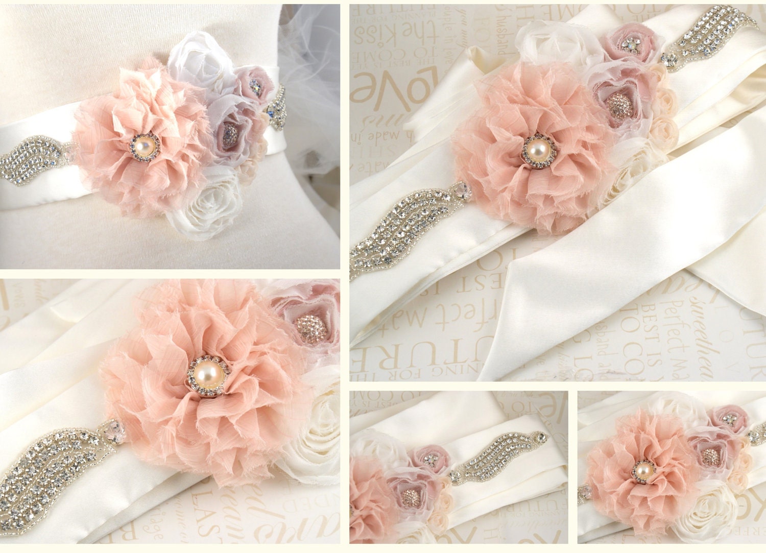 Bridal Sash - Wedding Sash in Blush Pink, Cream and Ivory with Chiffon, Jewels, Crystals and Rhinestones - Cristal