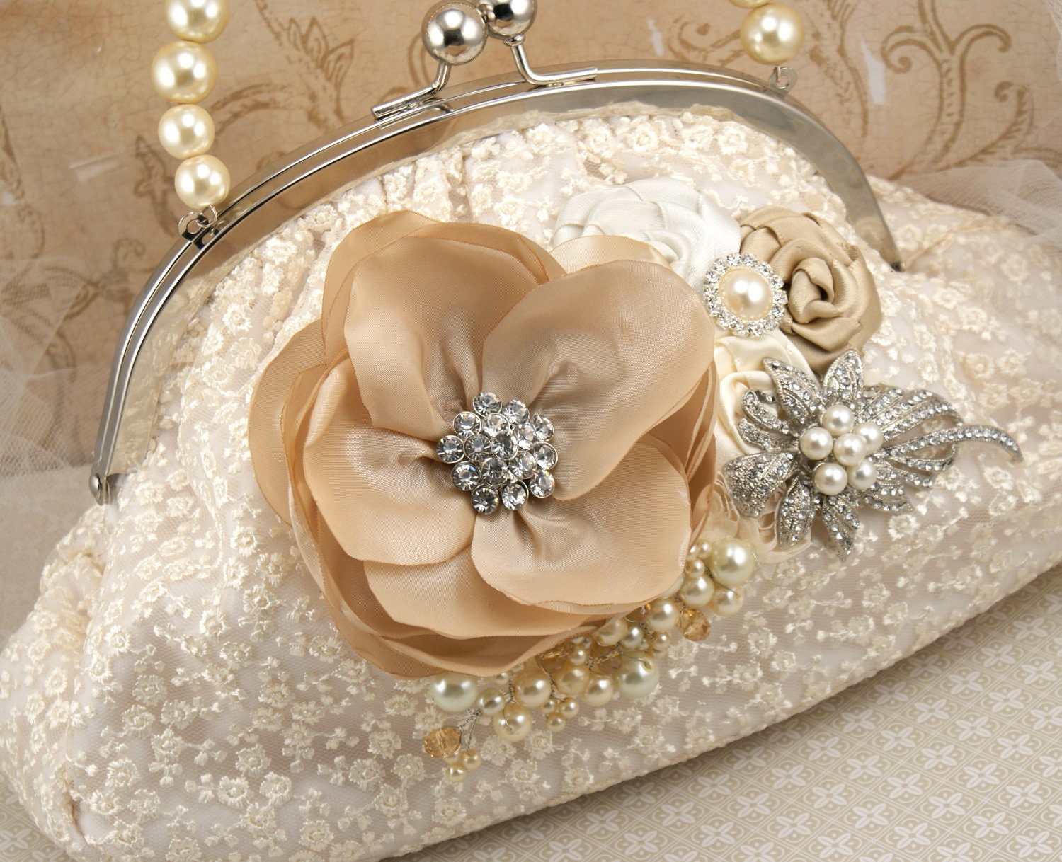 Bridal Clutch- Vintage Inspired Purse in Cream, Champagne and Ivory with Lace, Brooch, Pearls and Crystals