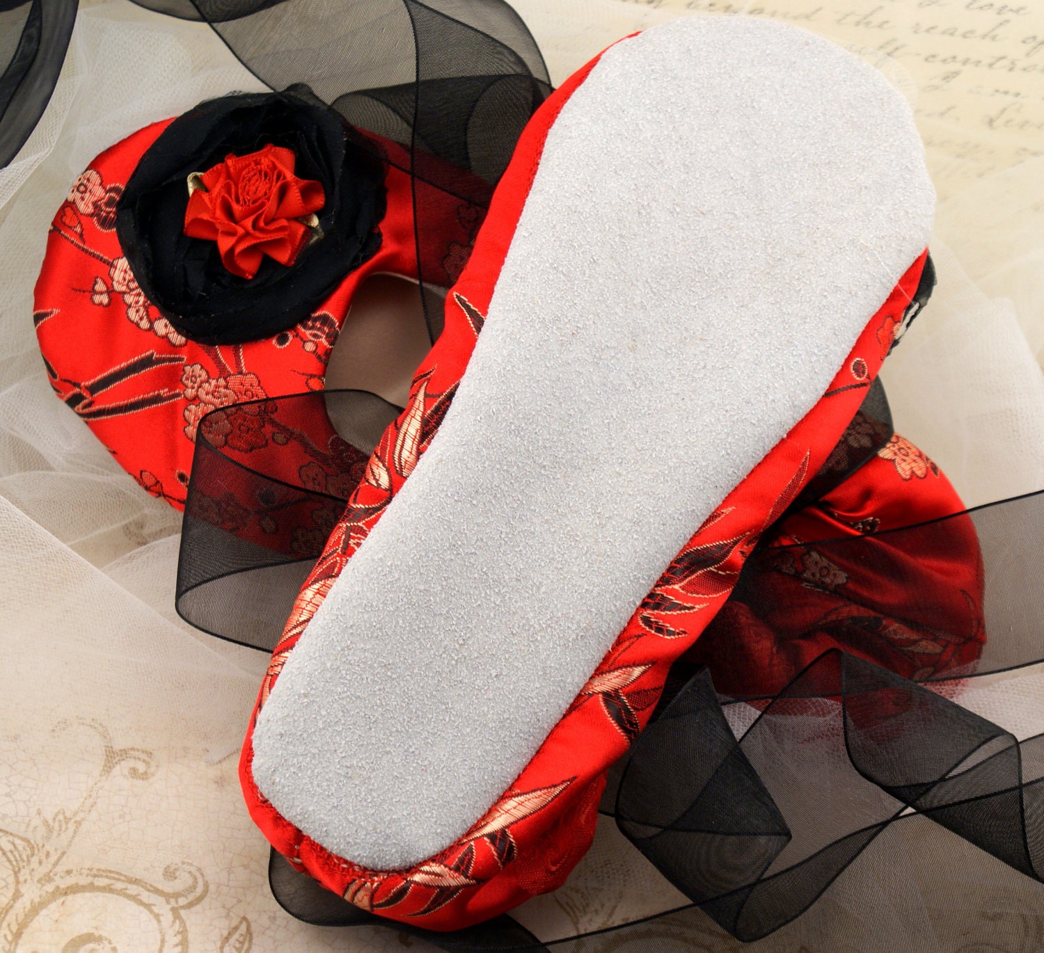 Bridal Flats- Ballet Slippers in Red, Black and Gold with Japanese Silk and Chiffon Flowers
