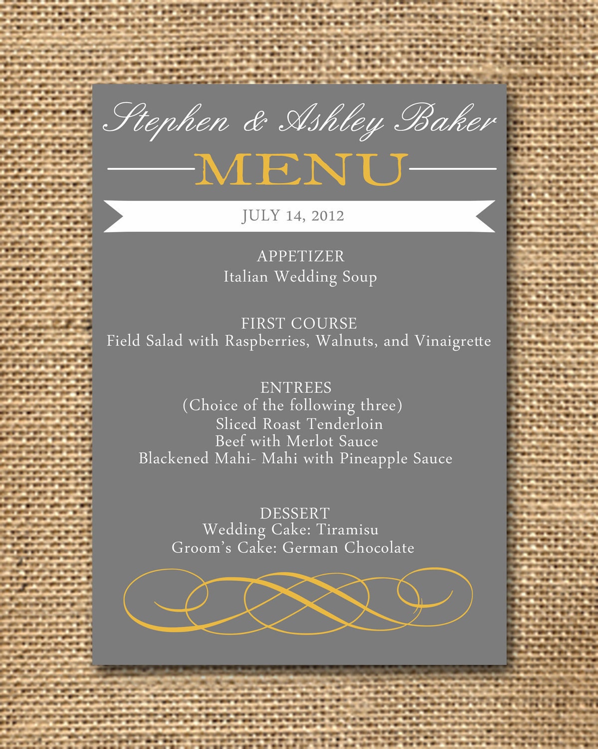 Gray and Poppy Yellow Wedding Menu- Digital Download