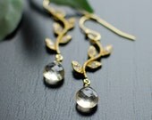 Vine earrings, Gemstone earrings, Gold bridal earrings, Bride earrings, Scapolite, Stone teardrop earrings, Gold and gemstone