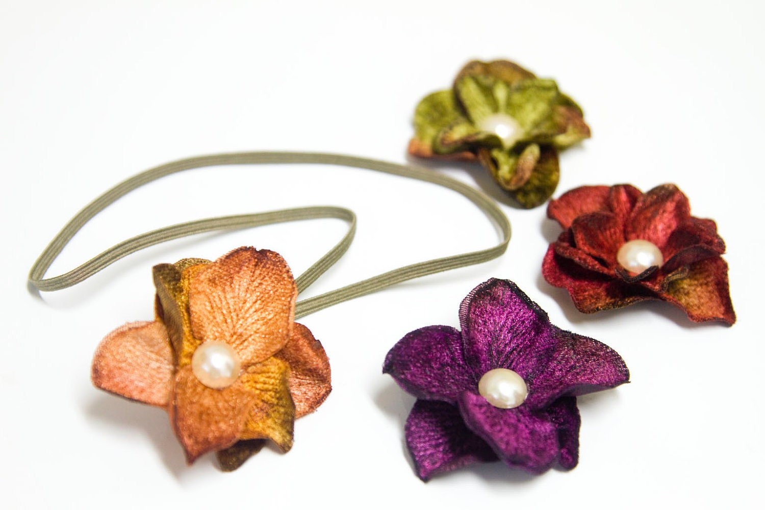 Autumn "HYDRANGEA MINIS" - Velvet Hydrangea Flower Headbands in Amber Orange, Violet Purple, Red Green OR Moss Green