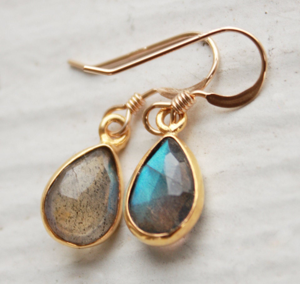Gold Labradorite Earrings - Teardrops - Midnight Blue, Green
