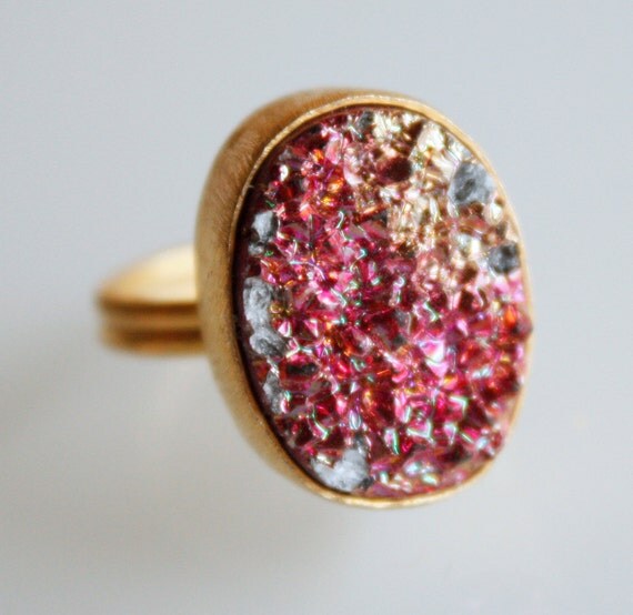 Fuschia Pink and Metallic Gold Druzy Ring - Titanium Coated - Adjustable Ring