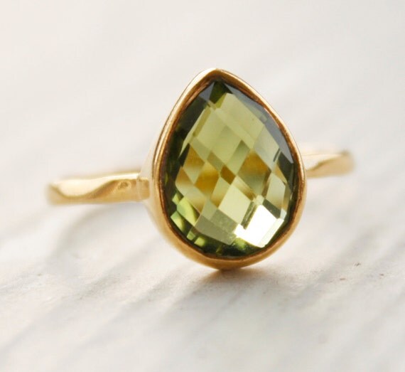 Green Peridot Ring - August Birthstone Ring, August Birthdays - Vermeil Gold, Size 5 Ring