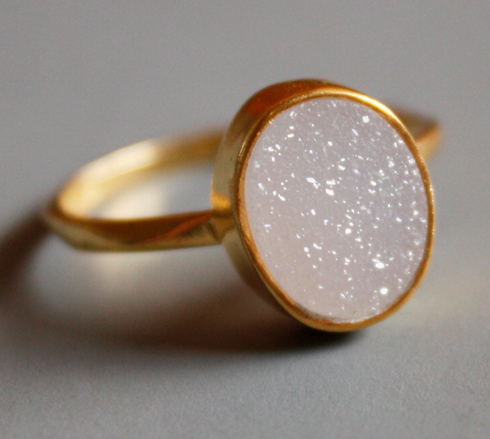 White Druzy Ring - Oval Shaped Ring - Natural Geode Ring