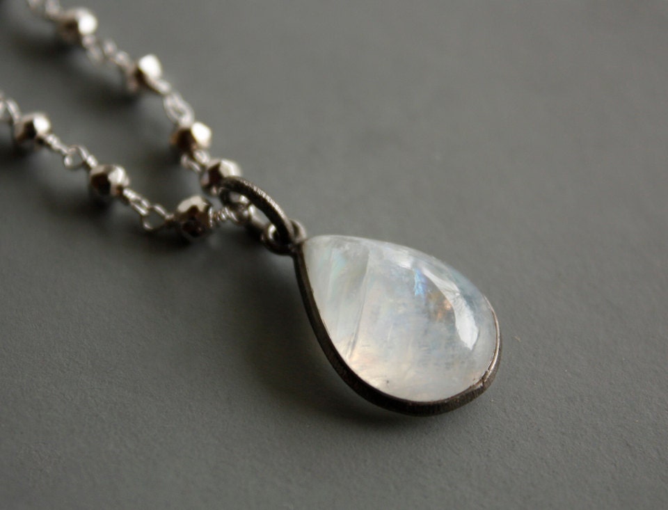 Rainbow Moonstone Teardrop Necklace - Black Rhodium - Silver Pyrite