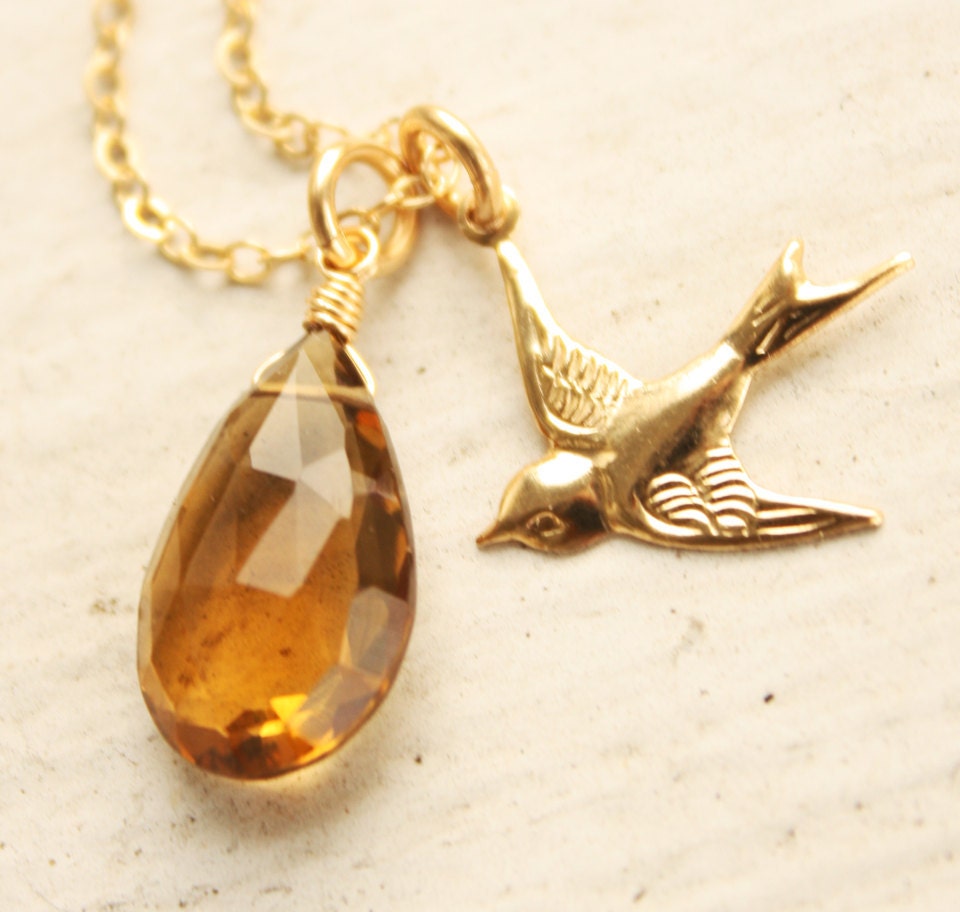 SALE 15 OFF Honey Citrine Necklace - Flying Swallow - Bird Charm Necklace, 14KT Gold Fill