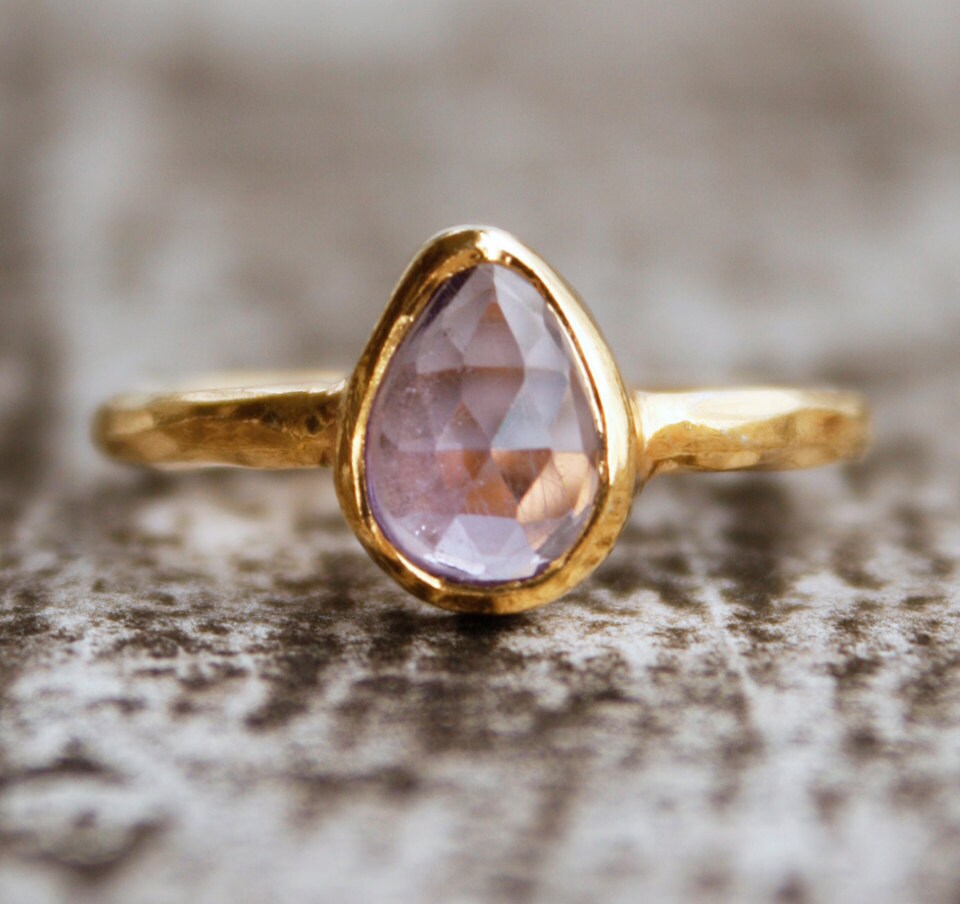 Gold Purple Amethyst Ring - Teardrop - February Birthstone, Size 7