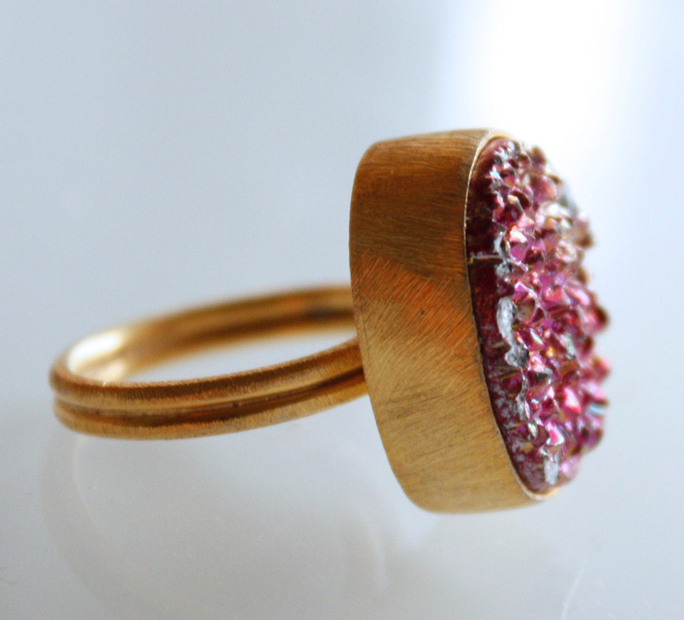 Fuschia Pink and Metallic Gold Druzy Ring - Titanium Coated - Adjustable Ring
