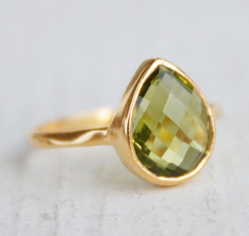Green Peridot Ring - August Birthstone Ring, August Birthdays - Vermeil Gold, Size 5 Ring