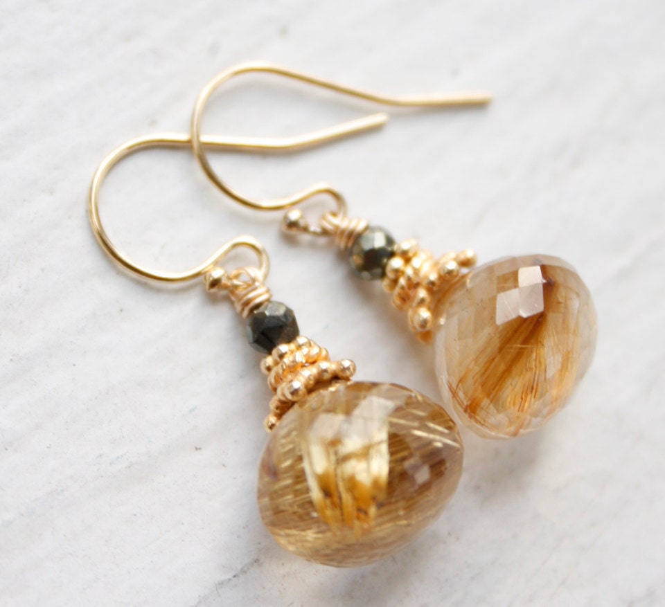 Gold Rutilated Quartz and Black Pyrite Earrings - Golden Rutile Quartz - 14Kt Gold Fill
