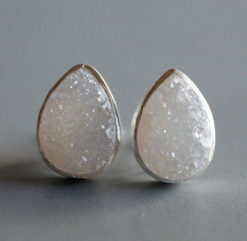 Natural Agate Druzy Studs - Oval - Soft Grey, Agate Geode Slice