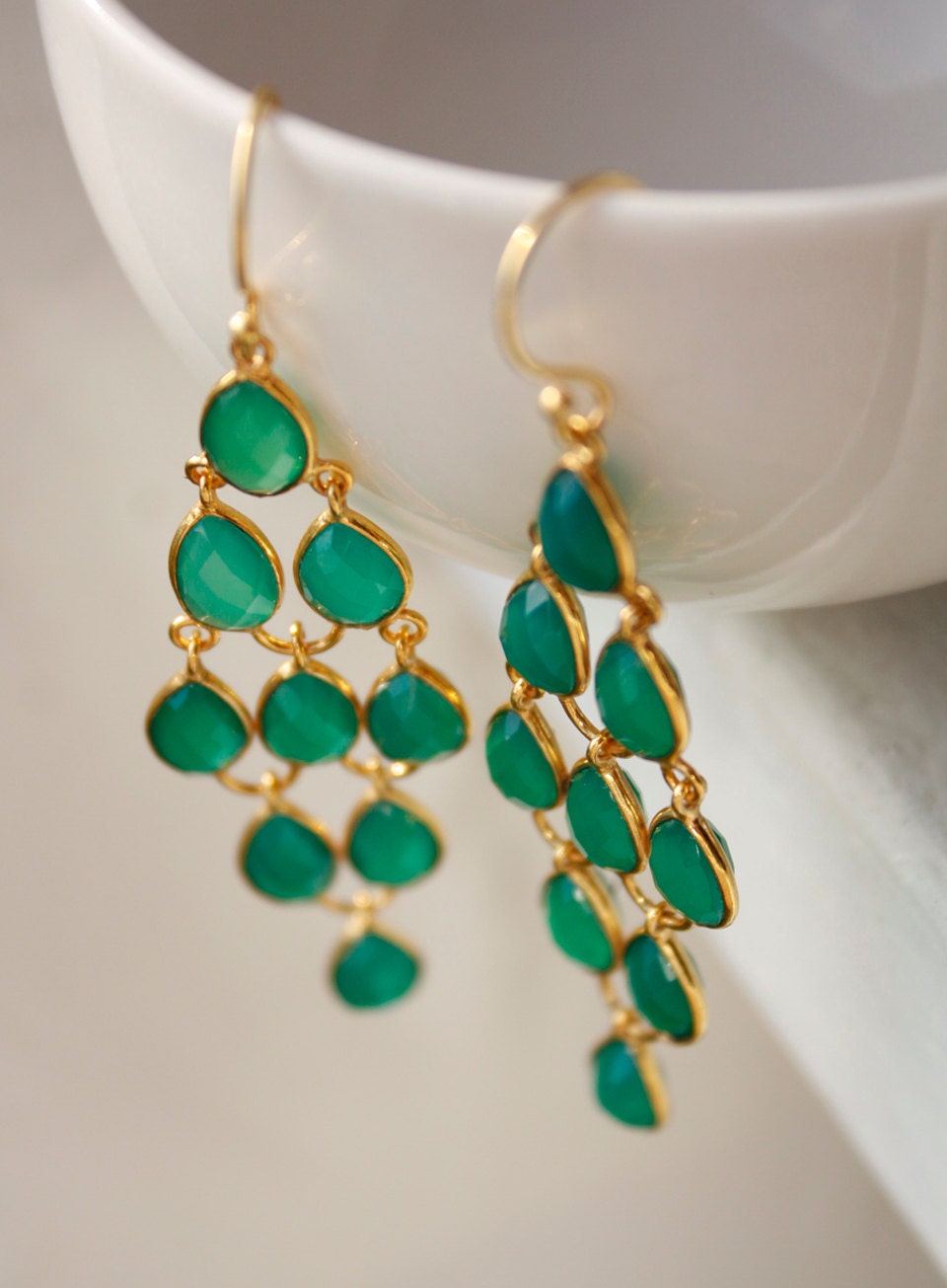 Green Onyx Chandelier Earrings - Emerald Green - Glamorous Hollywood