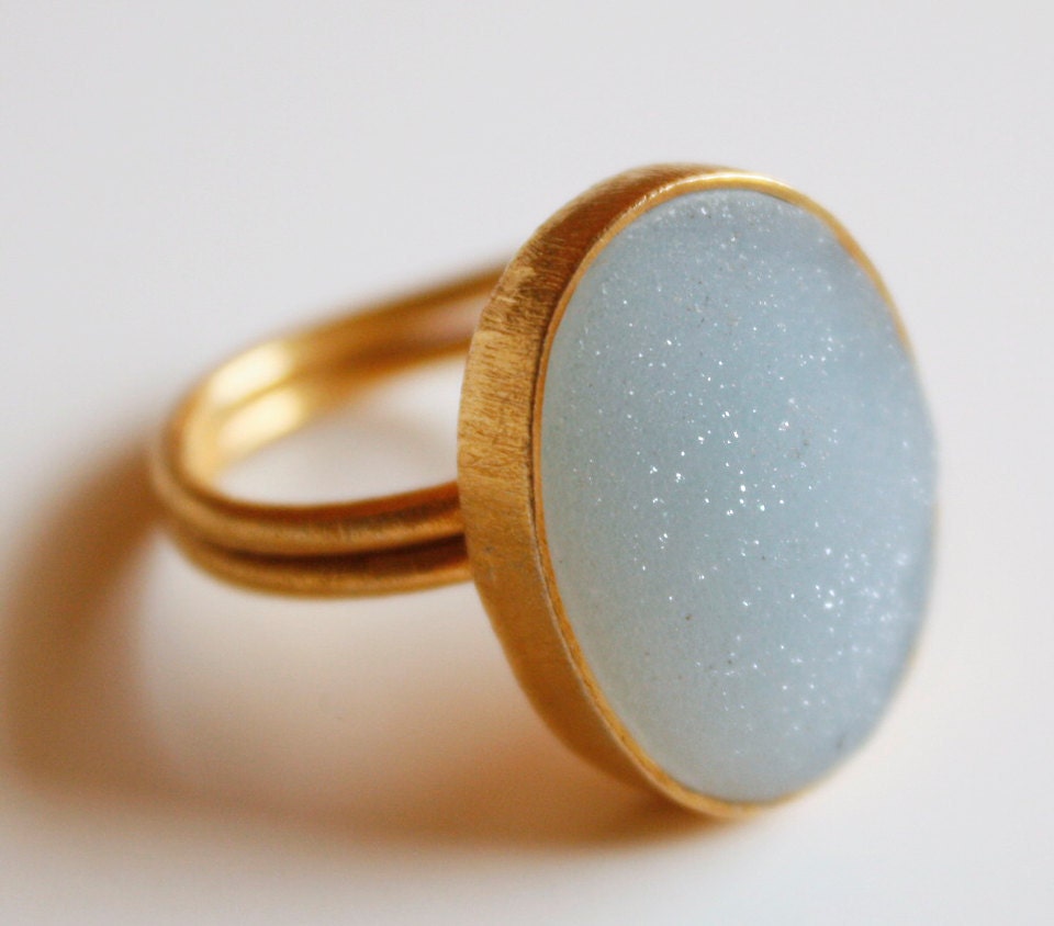 Aqua Blue Agate Druzy Ring - Oval Cut - Adjustable ring