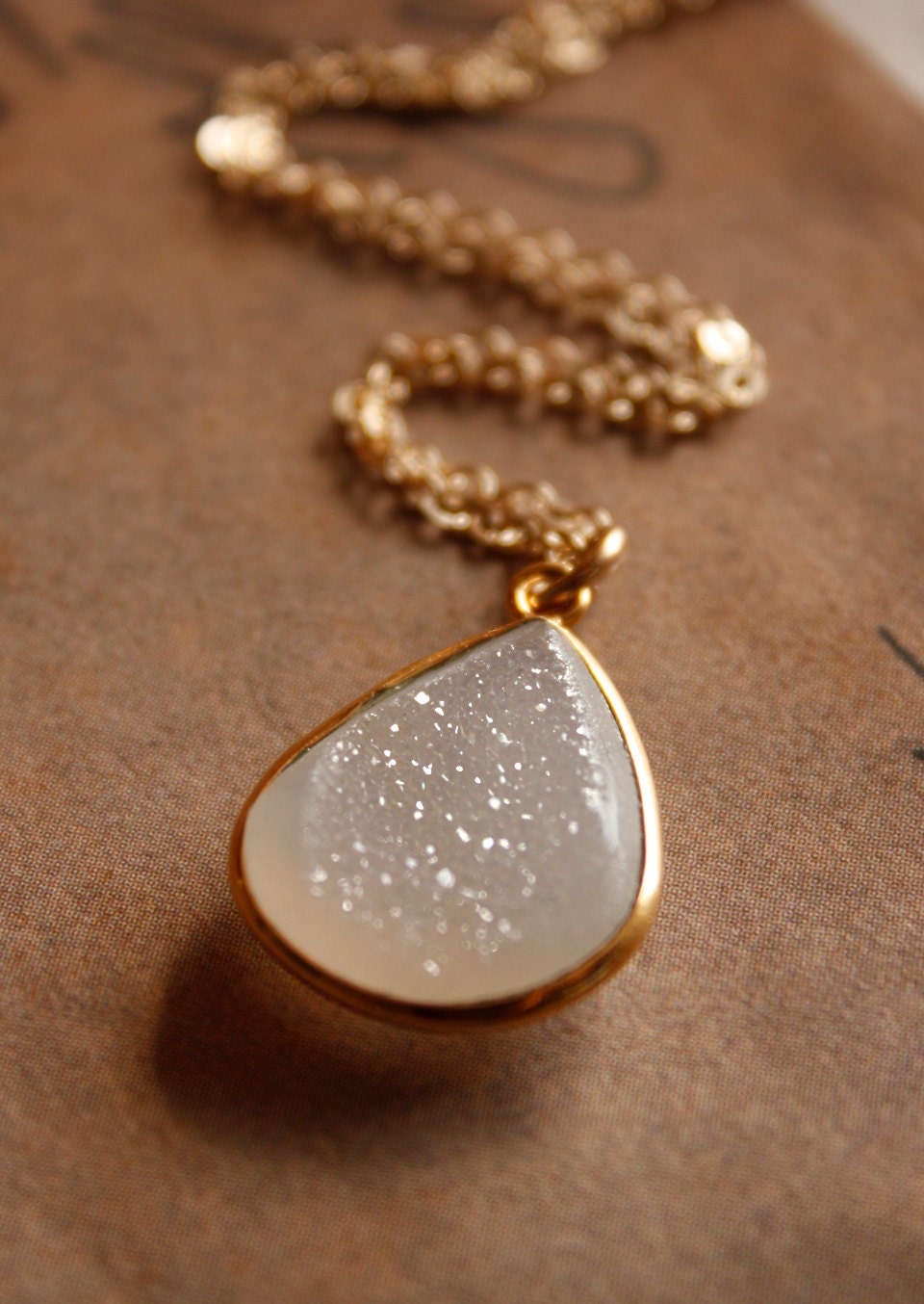 White Druzy Necklace - Translucent Agate Druzy, Natural Geode - 14KT Gold Fill