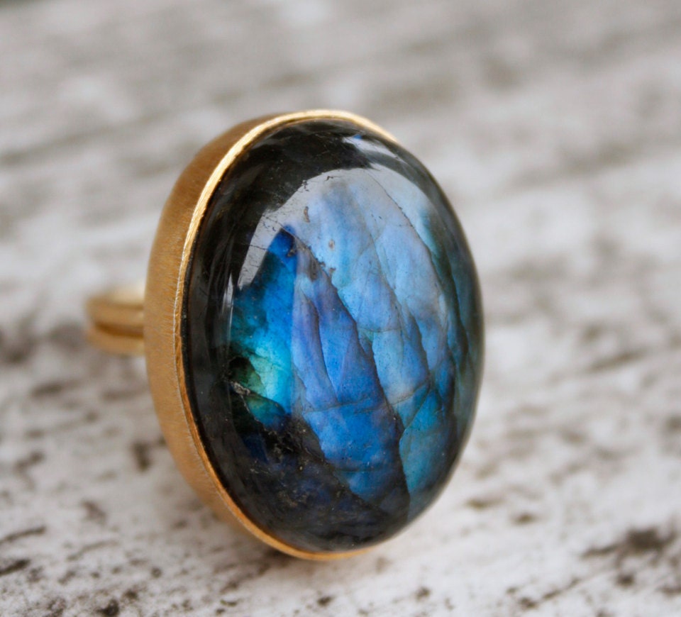 Gold Labradorite Ring - Oval Stone Ring - Adjustable Ring, Midnight Blue, Cobalt Blue