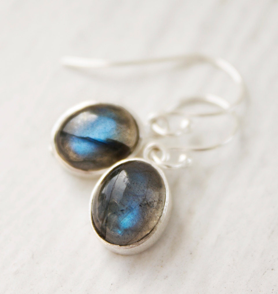 Blue Labradorite Earrings - Oval Shape Drops - Silver Filled, The Northern Lights