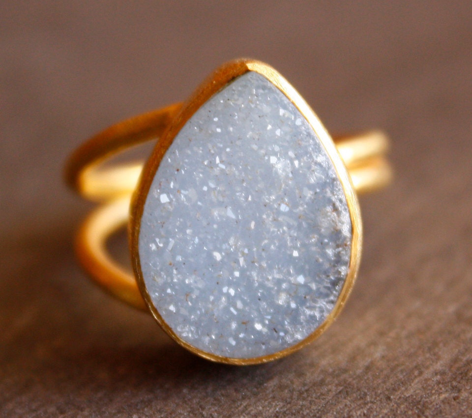 Ice Blue Agate Druzy Ring - Teardrop Ring - Baby Blue Stone, Glacier Ice