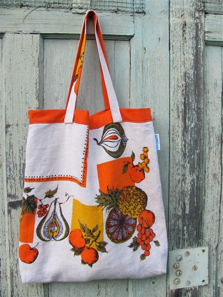 Farm Fresh Fruit Upcycled Shopper - Orange XL Repurposed Mid Century Tablecloth Market / Eco Grocery Bag - Bright Spring / Summer Fruit