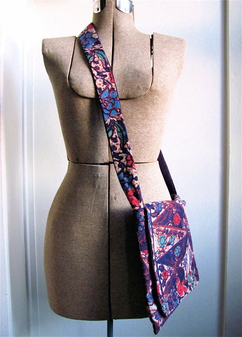 Happy Hippie Batik Cross Body Purse - Purple Boho Tribal Inspired Cotton Medium Hip Bag