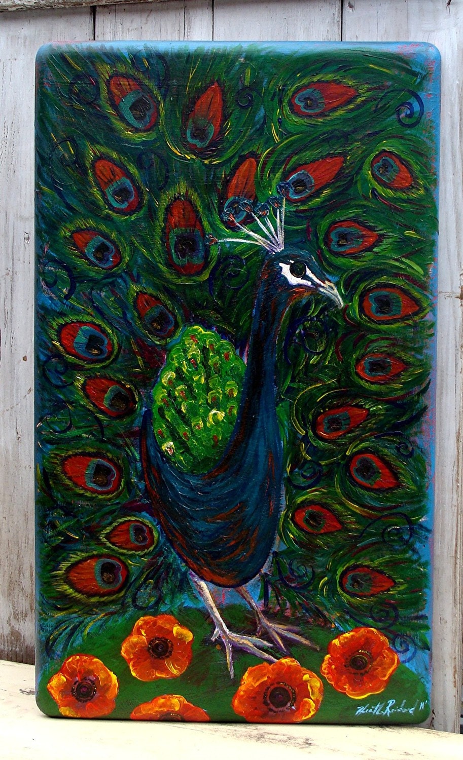 Original Folk-Art Painting- Peacock on Poppy Hill