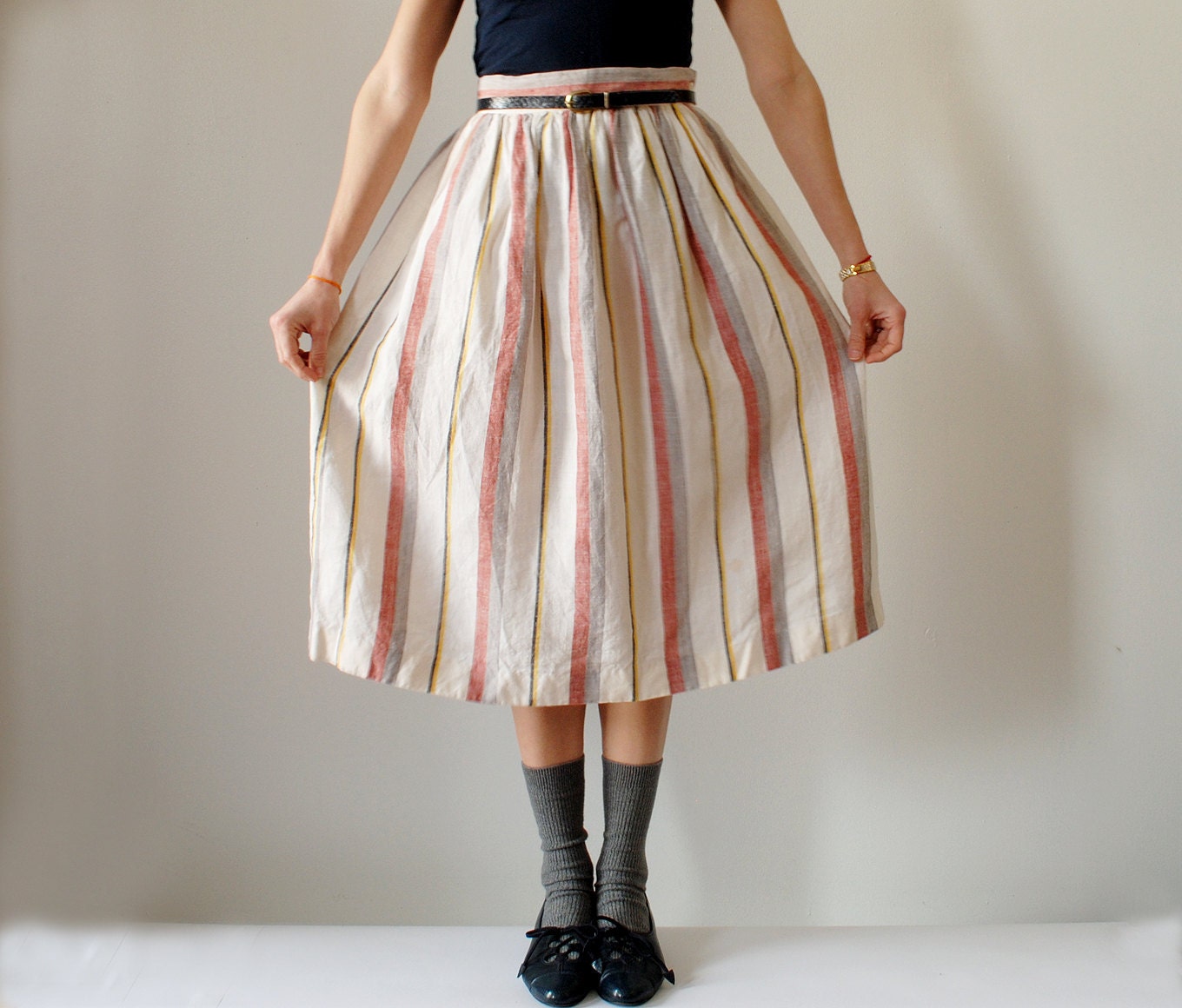 Vintage Striped Linen Skirt Size Small High Waist A Line