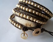 Gold Vermeil Beaded Peace Leather Wrap Bracelet