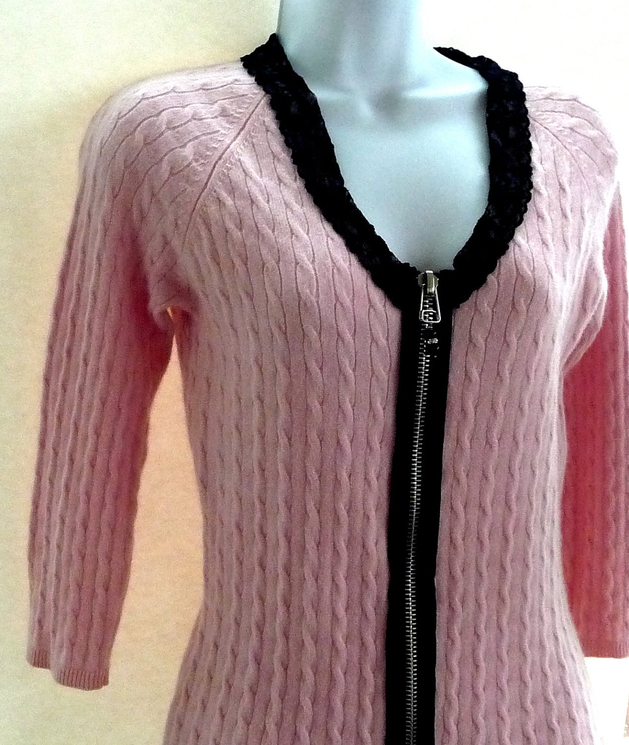 Cardigan - Cashmere - Pink - Cable - Black Lace - Zipper - OOAK - Romantic - Valentines - Girly - Coquettish
