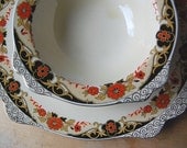 Elegant Vintage Square Plate and Bowl Set with Red Flowers Black and Gold.