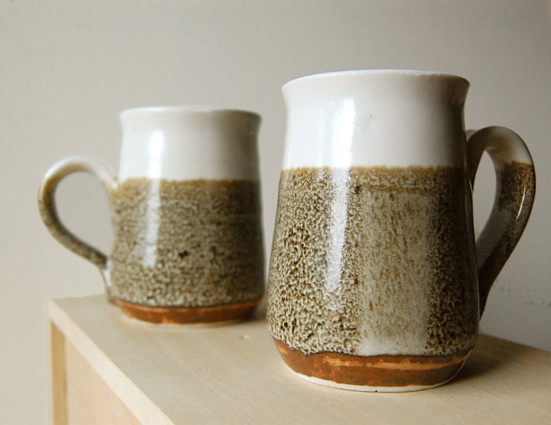 Vintage Handmade Ceramic Wheel Thrown Pair of Coffee or Tea Organic Mugs or Cup.