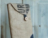 Upcycled AcE 11 inch MacBook sleeve. Burlap coffee sack. Plaid. Gray.
