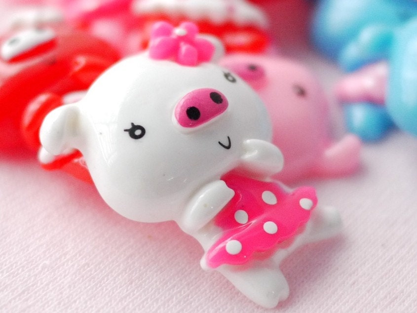 15 pcs. Kawaii Piggy With Flower Cabochon - 25mm