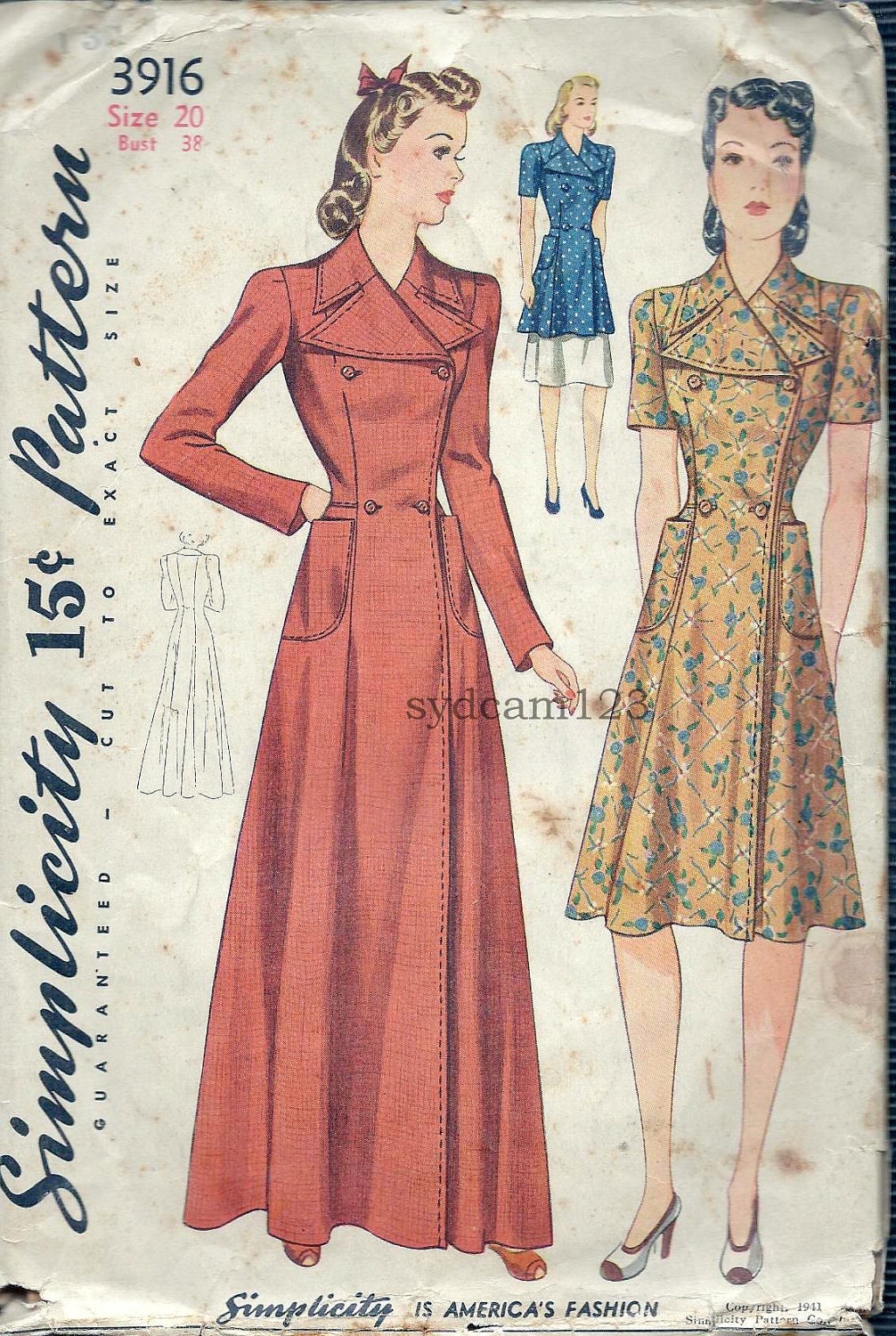 Vintage 1941 Double Breasted Housecoat Dress or Smock Overlapping Lapels...Simplicity 3916 Bust 38