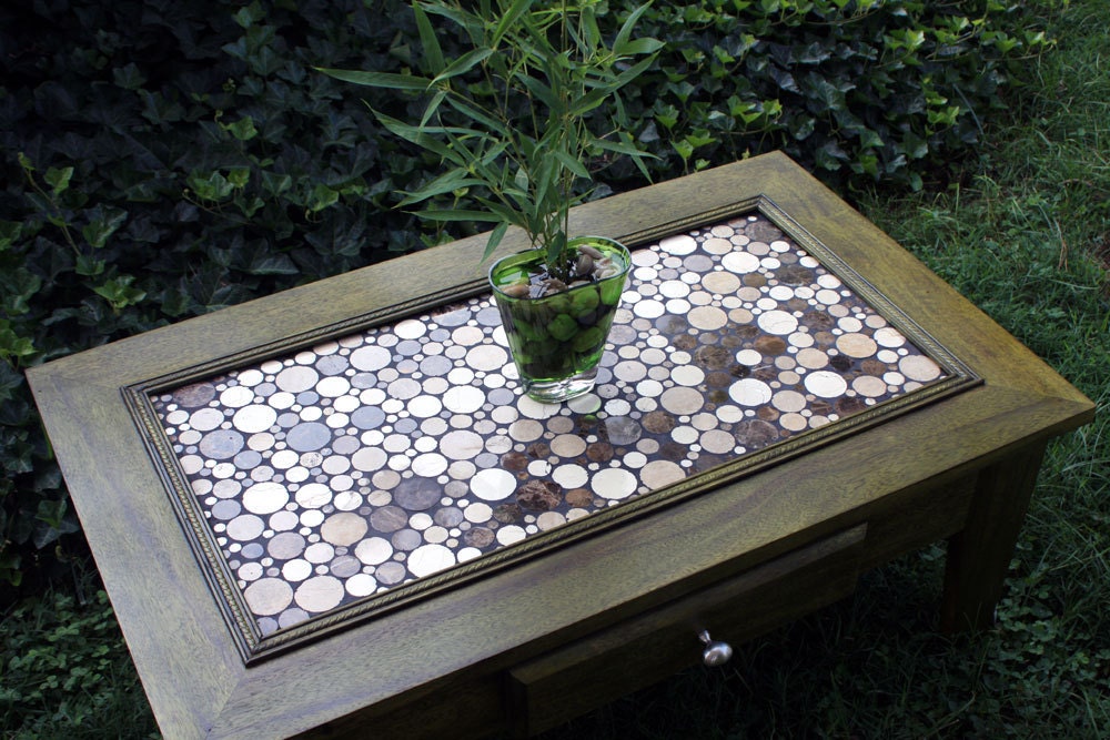 Coffee Table, Circular Marble Tile Mosaic, Contemporary, Limba Wood, "Norwegian Forest", Moss Green Dyed Finish - Handmade