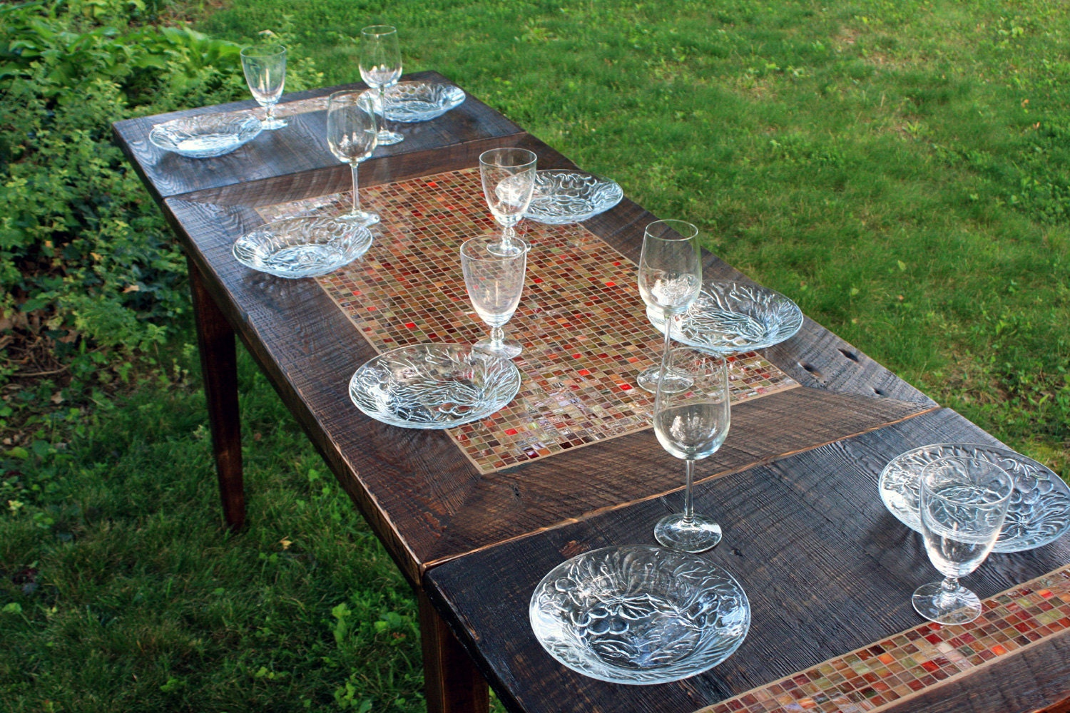 Dining Table, Mosaic Tile, Rustic Contemporary, Reclaimed Wood, Medium Cognac Brown Finish - Handmade