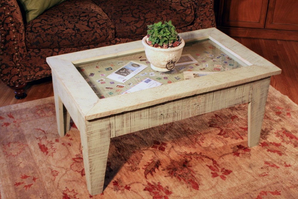 Display Coffee Table with Glass Top, Reclaimed Wood, Rustic Contemporary, Distressed Bayberry Green Finish - Handmade