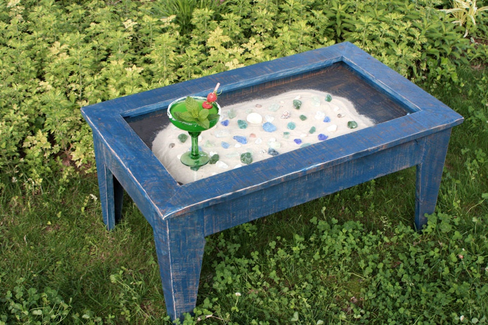 Display Coffee Table with Glass Top, Reclaimed Wood, Rustic / Contemporary, "Old Blue Jeans", Distressed Dark Blue Finish - Handmade