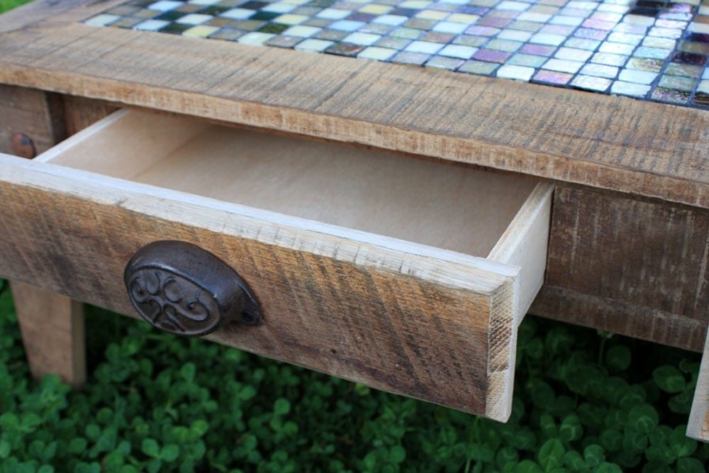 Large Coffee Table, Tile Mosaic, Reclaimed Wood, Rustic Contemporary, Natural Finish - Handmade