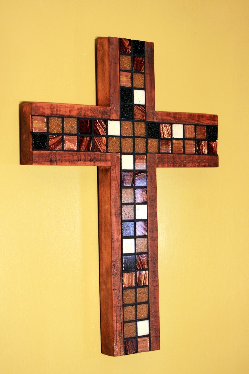 Glass Mosaic Tile Wood Cross, Barn Wood, Copper Metallic, Dark Brown Finish, 11 x 17 - Handmade