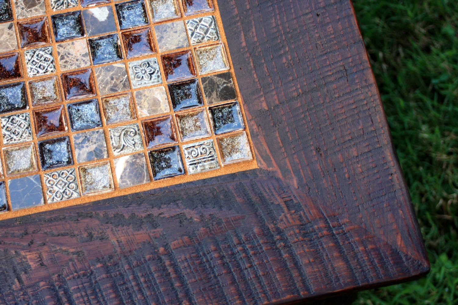 Coffee Table, Glass / Stone Tile Mosaic, Reclaimed Wood, Rustic Contemporary, "Roman Ruins", Dark Brown Wax Finish - Handmade