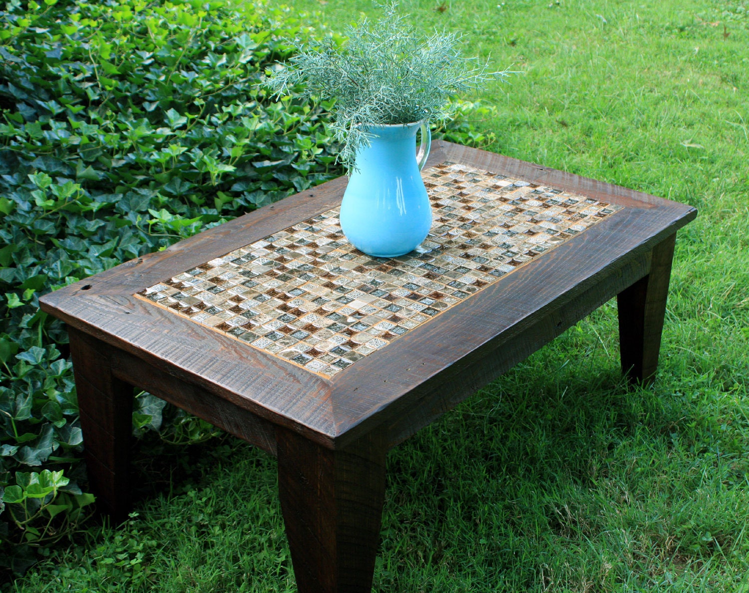 Coffee Table, Glass / Stone Tile Mosaic, Reclaimed Wood, Rustic Contemporary, "Roman Ruins", Dark Brown Wax Finish - Handmade