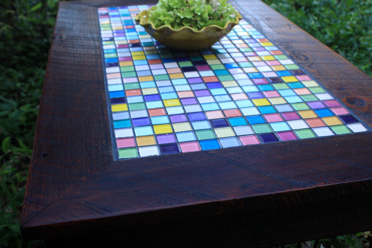 Coffee Table with Glass Mosaic Tile Inlay (Tropical Breeze), Rustic Contemporary, Reclaimed Wood, Light Java Finish - Handmade