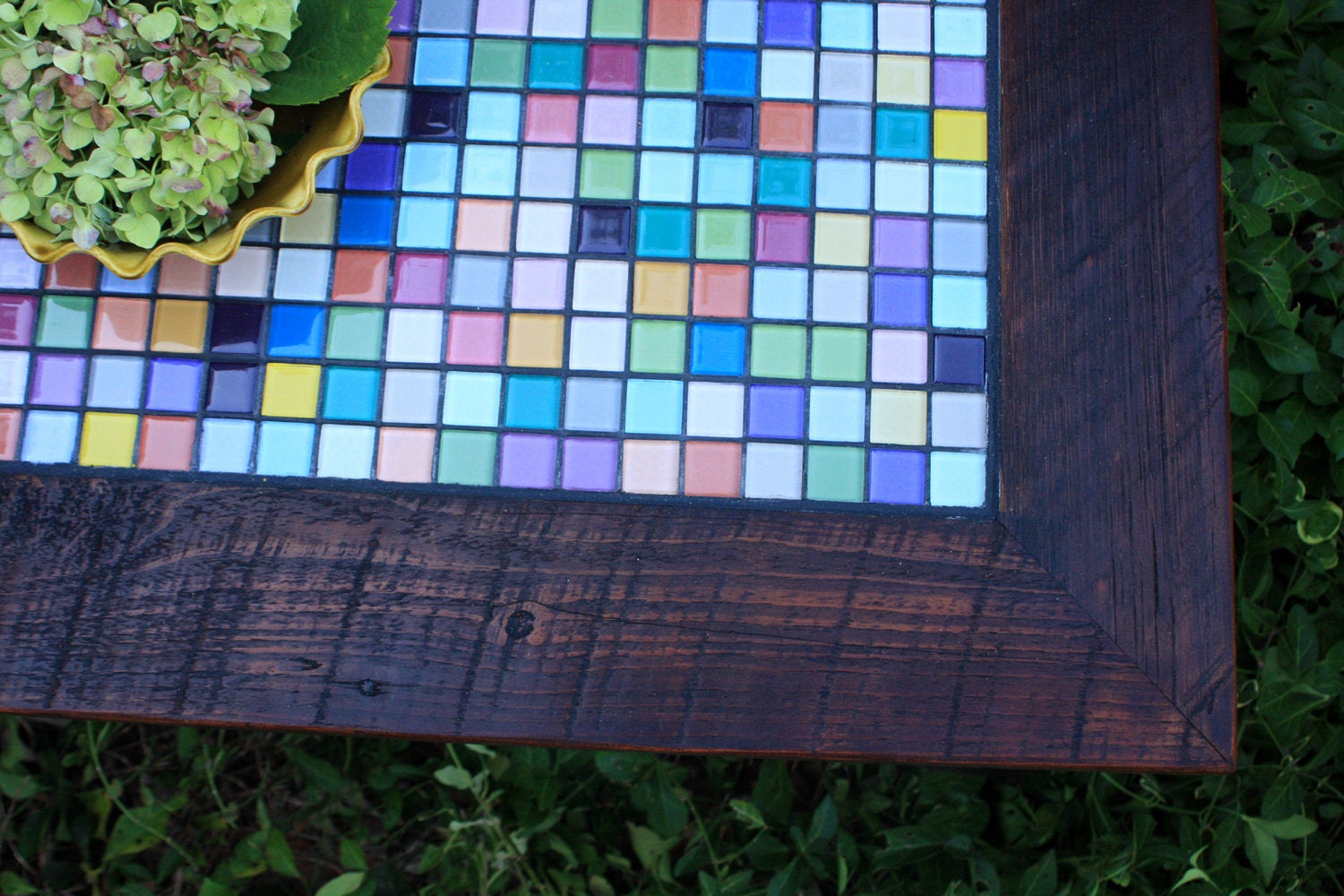 Coffee Table with Glass Mosaic Tile Inlay (Tropical Breeze), Rustic Contemporary, Reclaimed Wood, Light Java Finish - Handmade