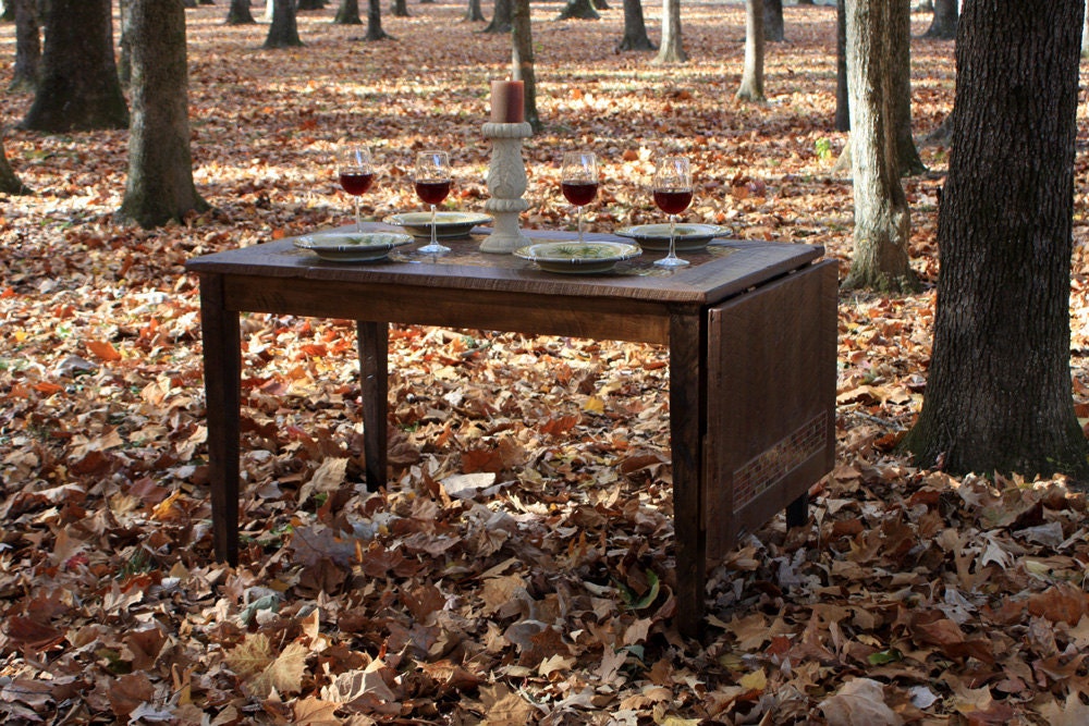Dining Table, Mosaic Tile, Rustic Contemporary, "Early Autumn", Reclaimed Wood, Medium Cognac Brown Finish - Handmade