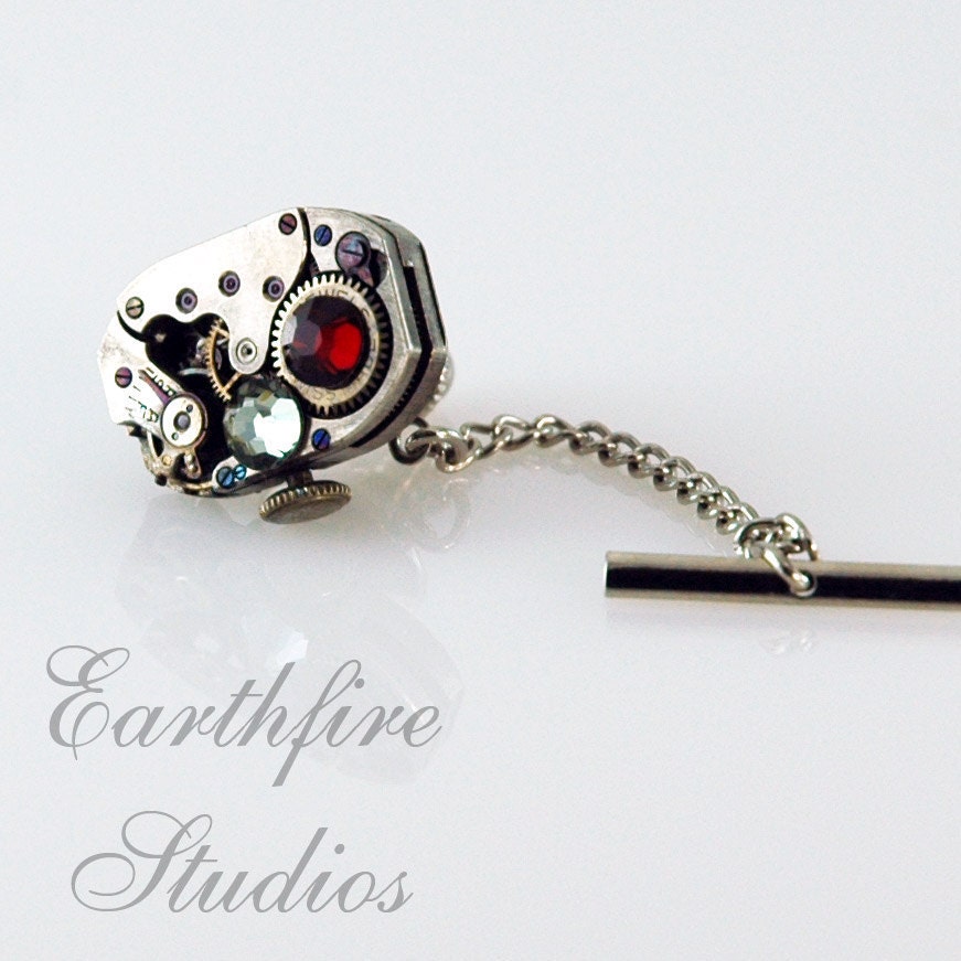 Steampunk Tie Tack and Chain - Vintage Jeweled Watch Tie Tack - Torch Soldered by Earthfire Studios