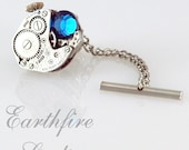 Steampunk Tie Tack and Chain - Vintage Jeweled Waltham Watch Tie Tack - Torch Soldered by Earthfire Studios